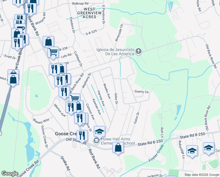 map of restaurants, bars, coffee shops, grocery stores, and more near 121 Weeks Avenue in Goose Creek