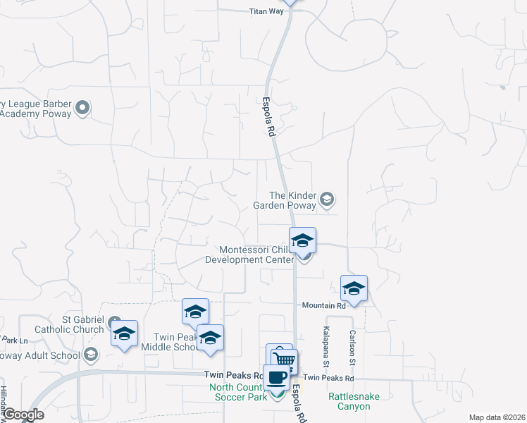 map of restaurants, bars, coffee shops, grocery stores, and more near 15044 Espola Road in Poway