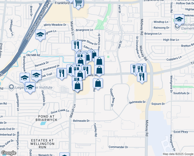 map of restaurants, bars, coffee shops, grocery stores, and more near 2910-2964 East Trinity Mills Road in Carrollton