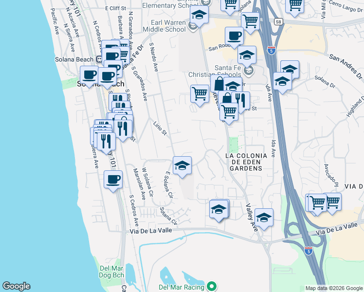 map of restaurants, bars, coffee shops, grocery stores, and more near 417 Bell Ranch Road in Solana Beach