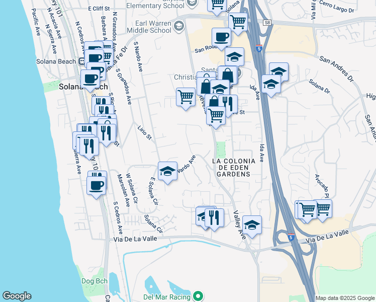 map of restaurants, bars, coffee shops, grocery stores, and more near 721 Fresca Street in Solana Beach