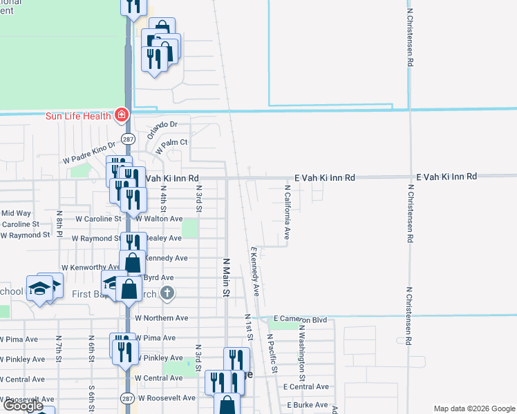 map of restaurants, bars, coffee shops, grocery stores, and more near 900 North Sonora Street in Coolidge