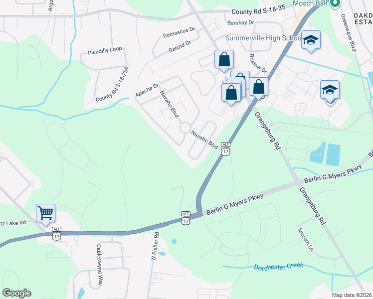 map of restaurants, bars, coffee shops, grocery stores, and more near 208 Mohican Circle in Summerville