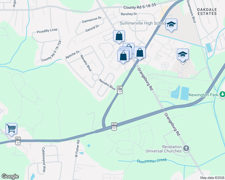 map of restaurants, bars, coffee shops, grocery stores, and more near 100 Navaho Boulevard in Summerville