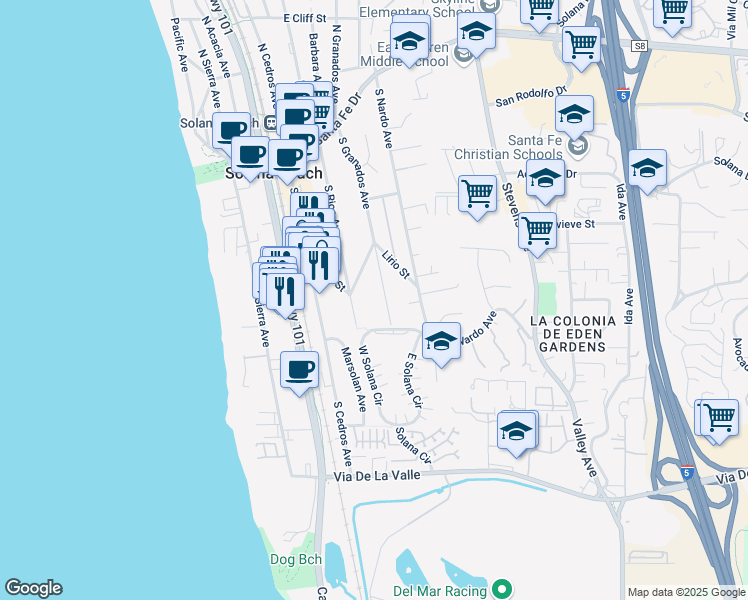 map of restaurants, bars, coffee shops, grocery stores, and more near 515 South Granados Avenue in Solana Beach