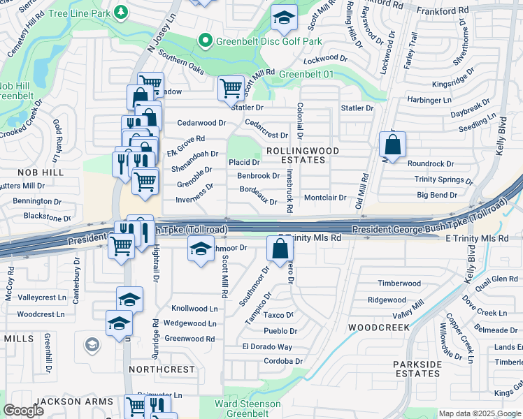 map of restaurants, bars, coffee shops, grocery stores, and more near 2119 Argonne Drive in Carrollton