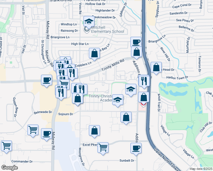 map of restaurants, bars, coffee shops, grocery stores, and more near 17200 Westgrove Drive in Addison