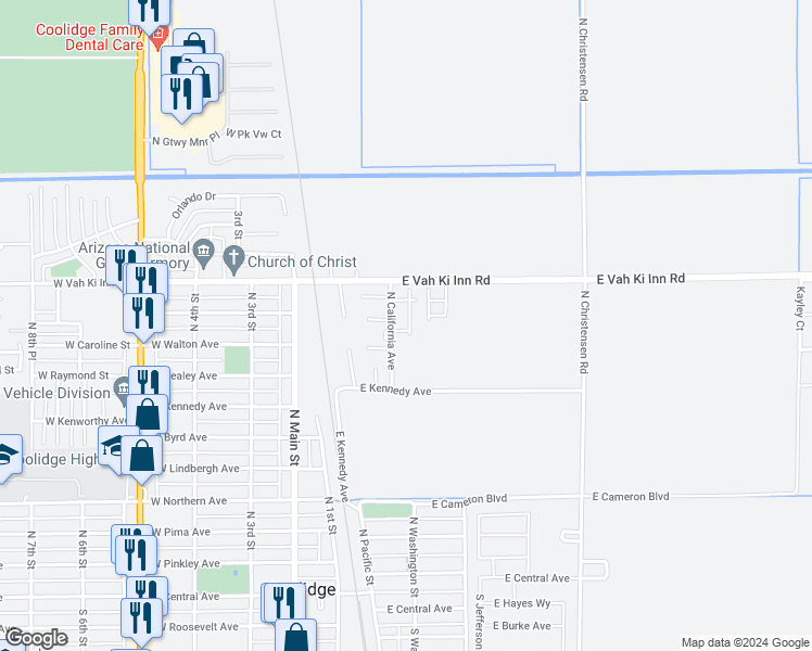 map of restaurants, bars, coffee shops, grocery stores, and more near 901 North California Avenue in Coolidge