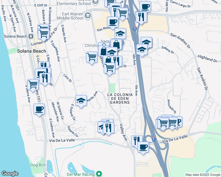 map of restaurants, bars, coffee shops, grocery stores, and more near 712 Stevens Avenue in Solana Beach
