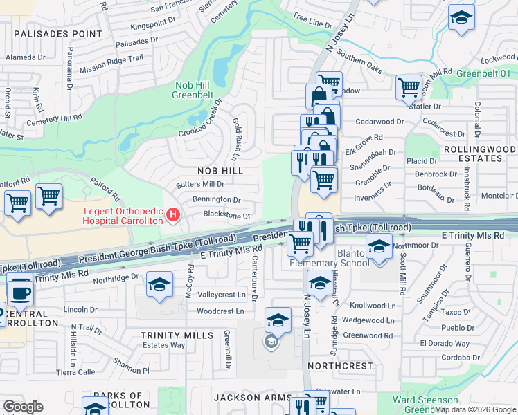 map of restaurants, bars, coffee shops, grocery stores, and more near 1756 Blackstone Drive in Carrollton