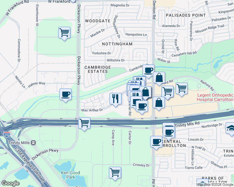 map of restaurants, bars, coffee shops, grocery stores, and more near 1120 Mac Arthur Drive in Carrollton