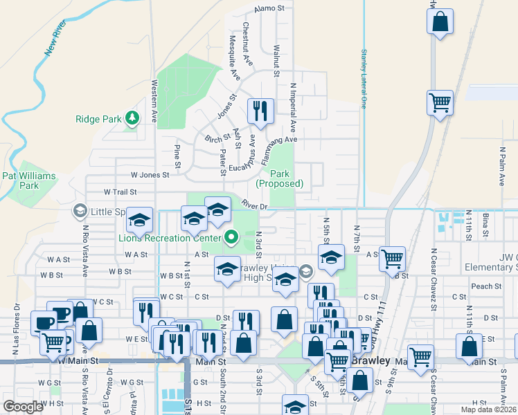 map of restaurants, bars, coffee shops, grocery stores, and more near 825 Hickory Court in Brawley