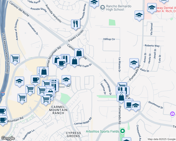 map of restaurants, bars, coffee shops, grocery stores, and more near 12375 World Trade Drive in San Diego