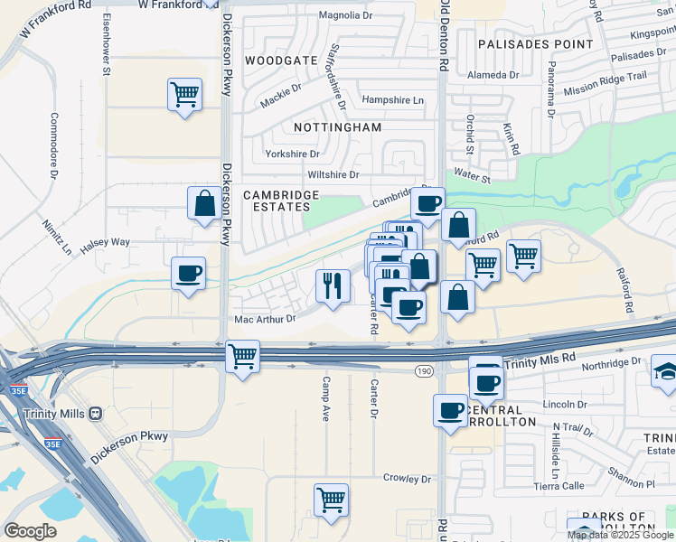 map of restaurants, bars, coffee shops, grocery stores, and more near 1120 Mac Arthur Drive in Carrollton