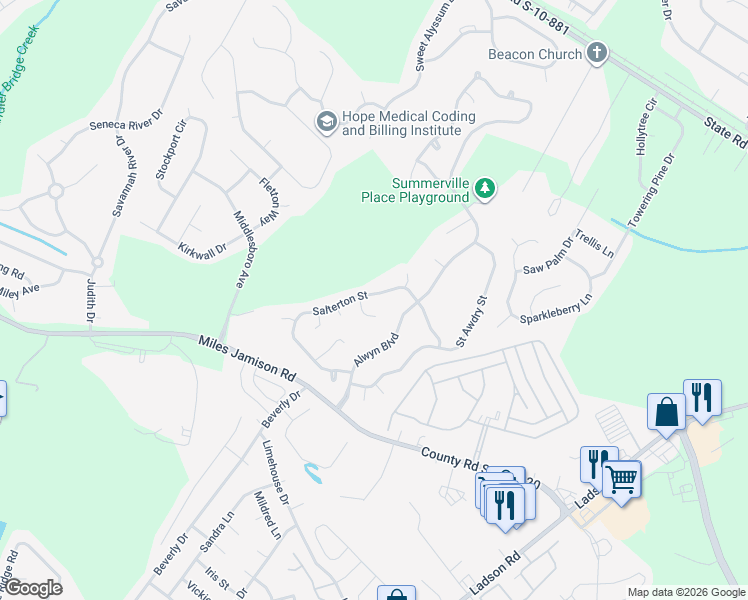map of restaurants, bars, coffee shops, grocery stores, and more near 504 Salterton Street in Summerville