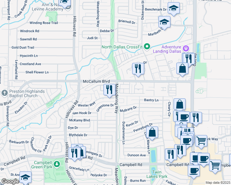 map of restaurants, bars, coffee shops, grocery stores, and more near 7358 Highland Glen Trail in Dallas