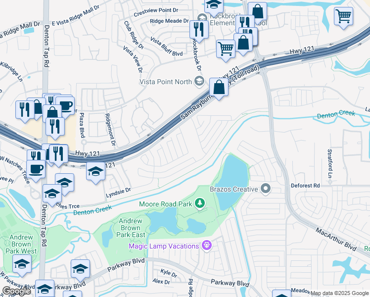 map of restaurants, bars, coffee shops, grocery stores, and more near 707 Rockcrest Drive in Coppell