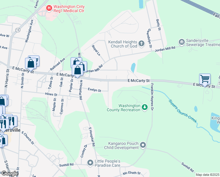 map of restaurants, bars, coffee shops, grocery stores, and more near 324 Meadow Drive in Sandersville