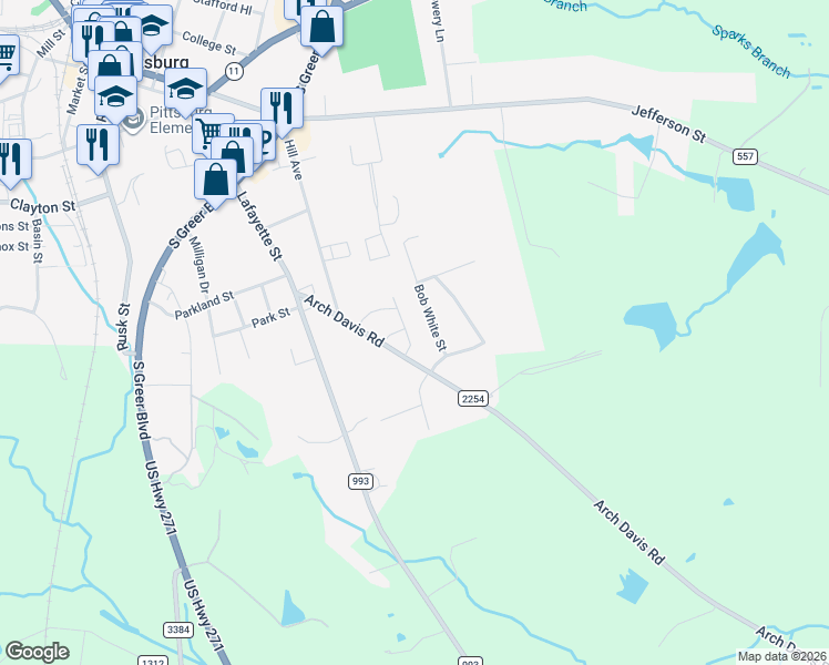 map of restaurants, bars, coffee shops, grocery stores, and more near 105 Redwing Drive in Pittsburg