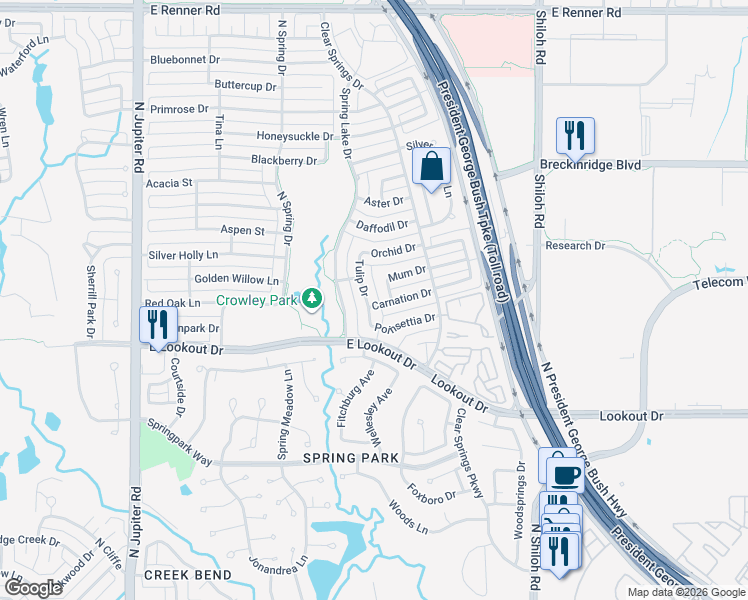 map of restaurants, bars, coffee shops, grocery stores, and more near 2612 Tulip Drive in Richardson
