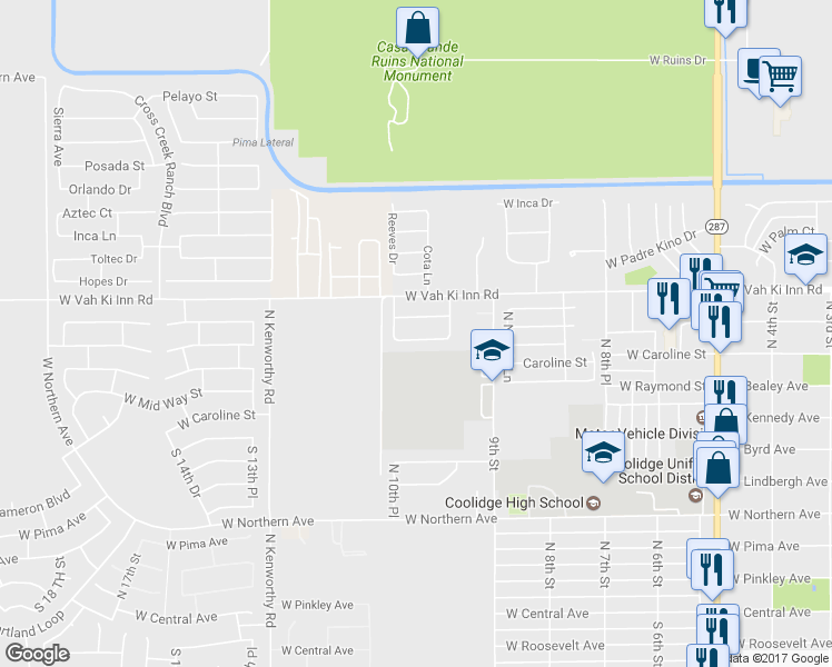 map of restaurants, bars, coffee shops, grocery stores, and more near 1036 Shannon Way in Coolidge