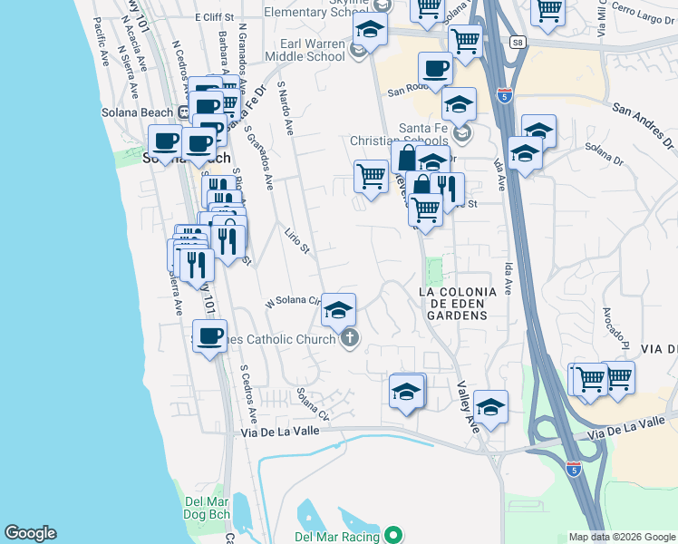 map of restaurants, bars, coffee shops, grocery stores, and more near 618 Nardito Lane in Solana Beach