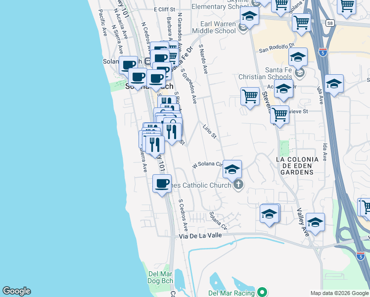 map of restaurants, bars, coffee shops, grocery stores, and more near 501 South Rios Avenue in Solana Beach