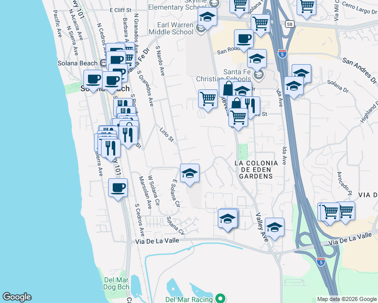 map of restaurants, bars, coffee shops, grocery stores, and more near 417 Bell Ranch Road in Solana Beach