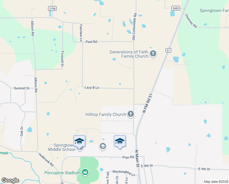 map of restaurants, bars, coffee shops, grocery stores, and more near 207 Lazy B Lane in Springtown