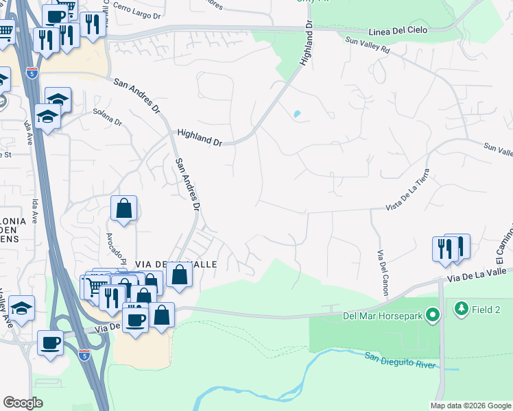 map of restaurants, bars, coffee shops, grocery stores, and more near 14906 Via La Senda in Del Mar