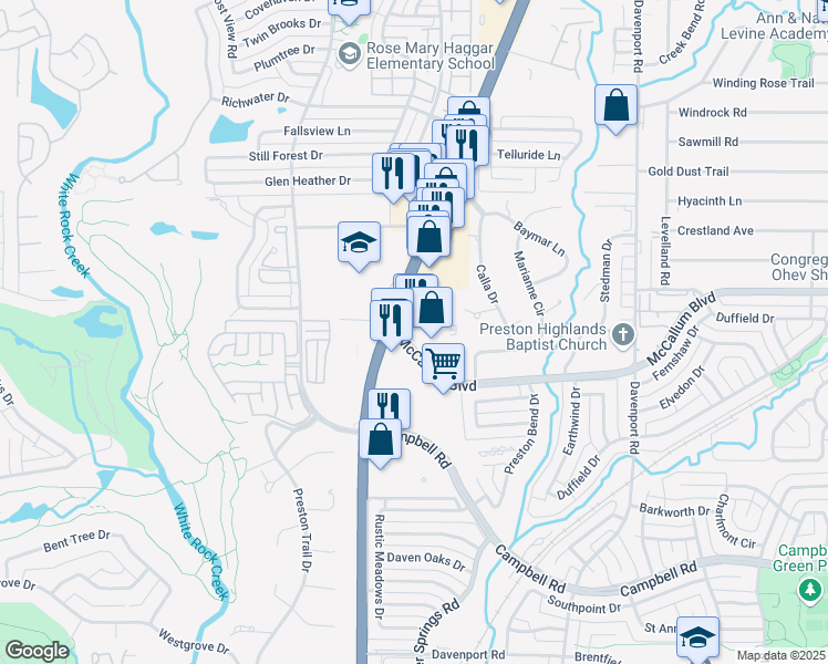 map of restaurants, bars, coffee shops, grocery stores, and more near 17304 Preston Road in Dallas