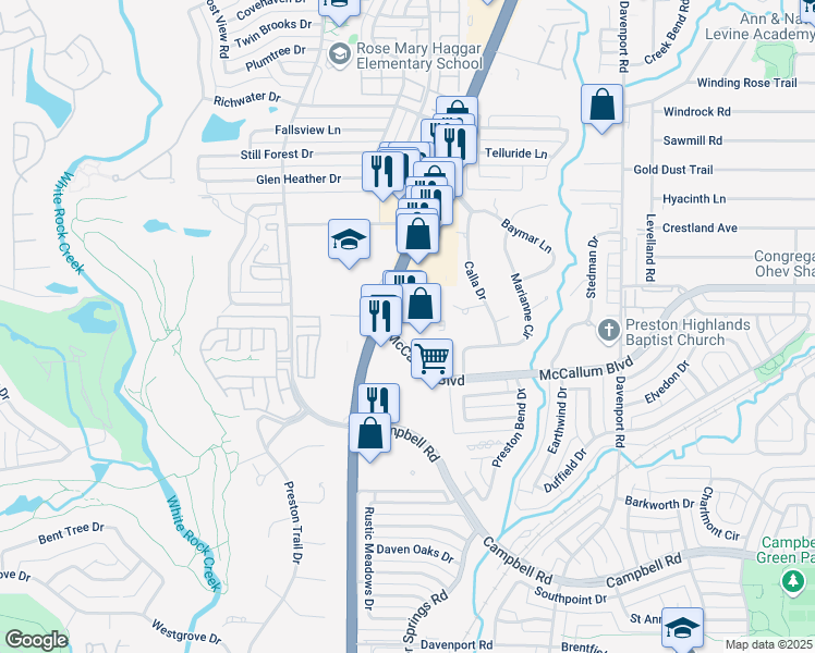 map of restaurants, bars, coffee shops, grocery stores, and more near 17304 Preston Road in Dallas