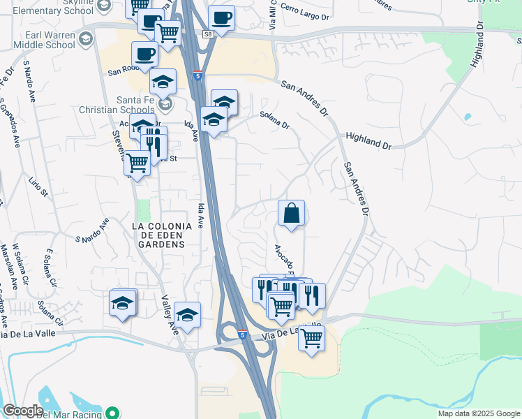 map of restaurants, bars, coffee shops, grocery stores, and more near 1047 Highland Drive in Del Mar