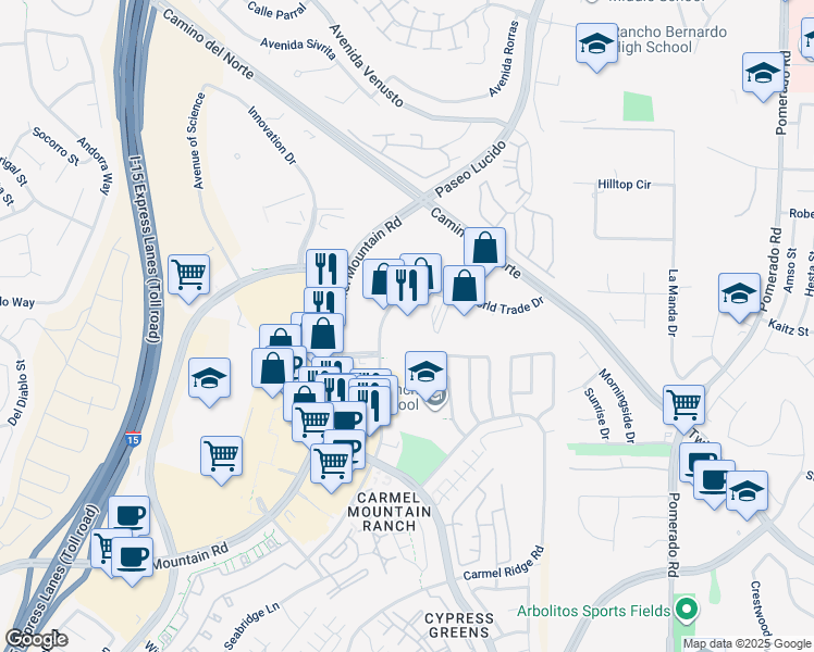 map of restaurants, bars, coffee shops, grocery stores, and more near 12205-12305 World Trade Dr in San Diego