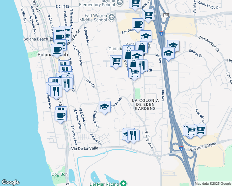 map of restaurants, bars, coffee shops, grocery stores, and more near 721 Fresca Street in Solana Beach