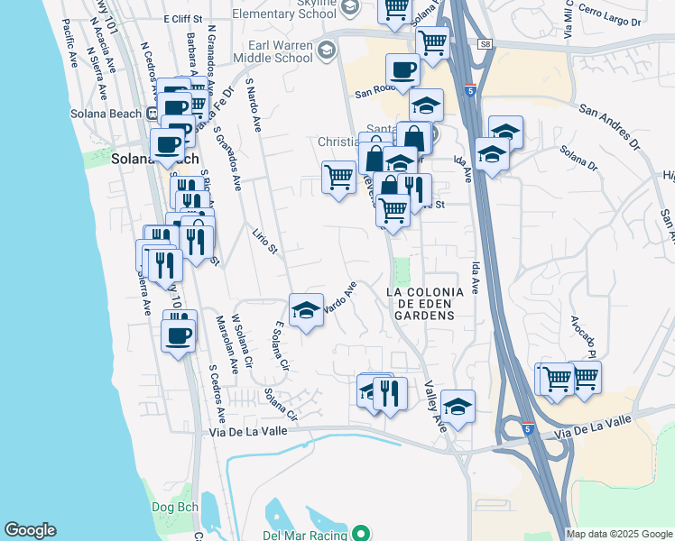 map of restaurants, bars, coffee shops, grocery stores, and more near 721 Fresca Street in Solana Beach