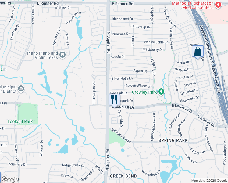 map of restaurants, bars, coffee shops, grocery stores, and more near 2209 Red Oak Lane in Richardson