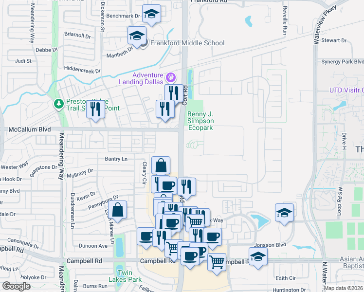map of restaurants, bars, coffee shops, grocery stores, and more near 17360 Coit Road in Dallas