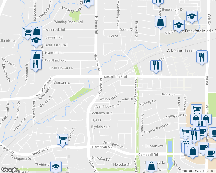 map of restaurants, bars, coffee shops, grocery stores, and more near 7106 Highland Heather Lane in Dallas
