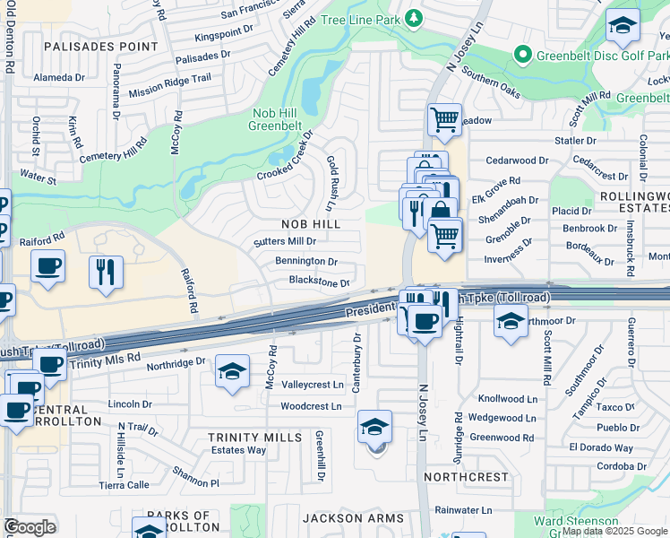 map of restaurants, bars, coffee shops, grocery stores, and more near 1725 Blackstone Drive in Carrollton