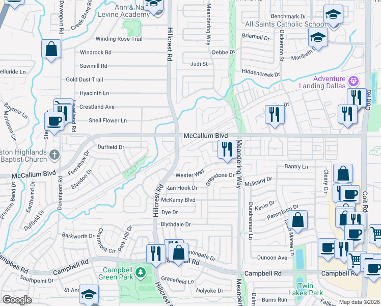 map of restaurants, bars, coffee shops, grocery stores, and more near 7106 Highland Heather Lane in Dallas