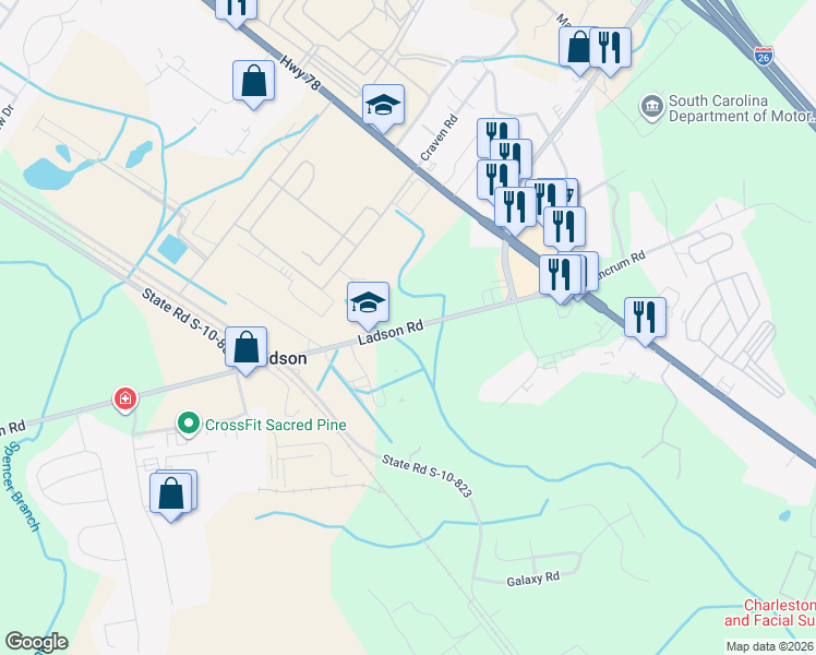 map of restaurants, bars, coffee shops, grocery stores, and more near 3293 Ladson Road in Ladson