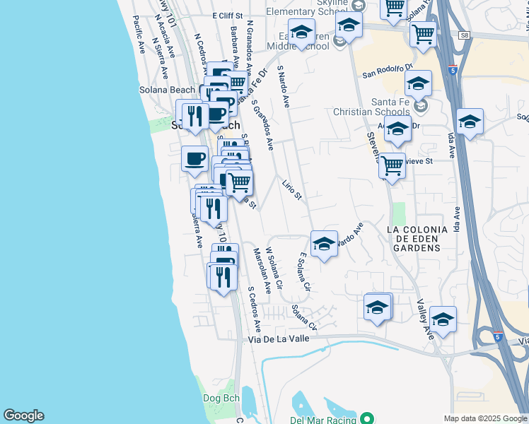 map of restaurants, bars, coffee shops, grocery stores, and more near 515 South Granados Avenue in Solana Beach