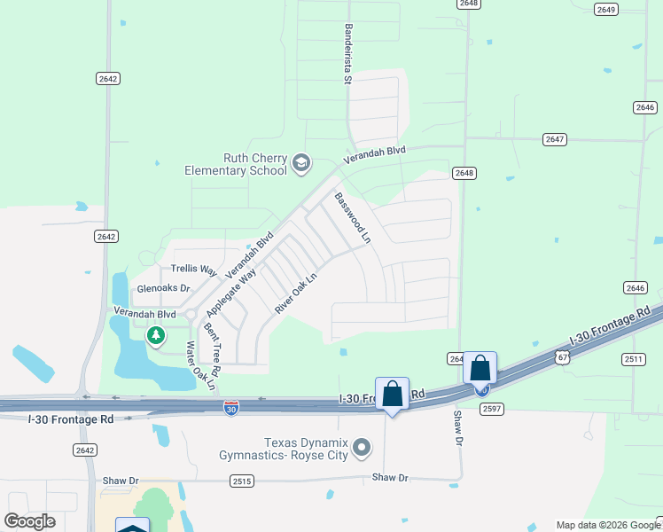 map of restaurants, bars, coffee shops, grocery stores, and more near 1704 River Oak Lane in Royse City