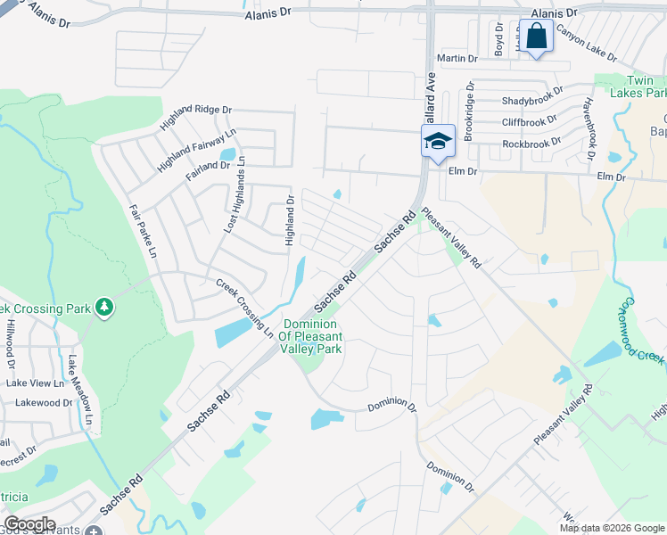 map of restaurants, bars, coffee shops, grocery stores, and more near 2302 Sachse Road in Wylie