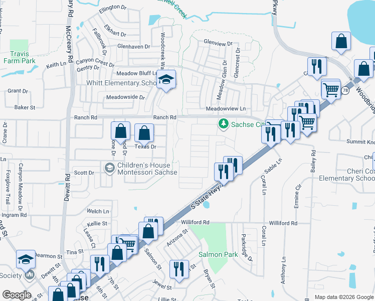 map of restaurants, bars, coffee shops, grocery stores, and more near 3802 Harlan Drive in Sachse