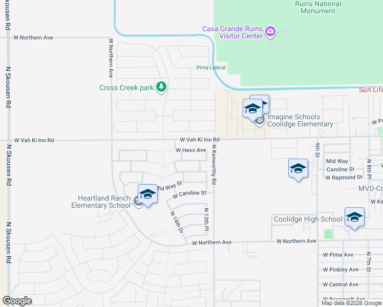 map of restaurants, bars, coffee shops, grocery stores, and more near 1338 Shannon Way in Coolidge