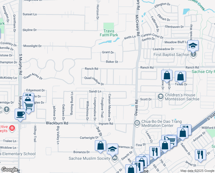 map of restaurants, bars, coffee shops, grocery stores, and more near 2309 Sandi Lane in Sachse