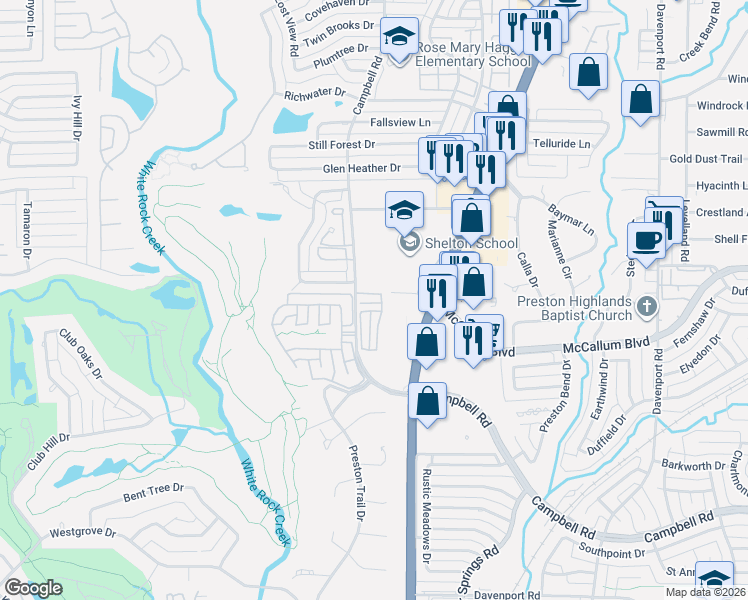map of restaurants, bars, coffee shops, grocery stores, and more near 17238 Lechlade Lane in Dallas