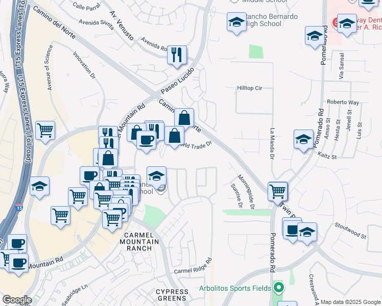 map of restaurants, bars, coffee shops, grocery stores, and more near 12345 World Trade Drive in San Diego